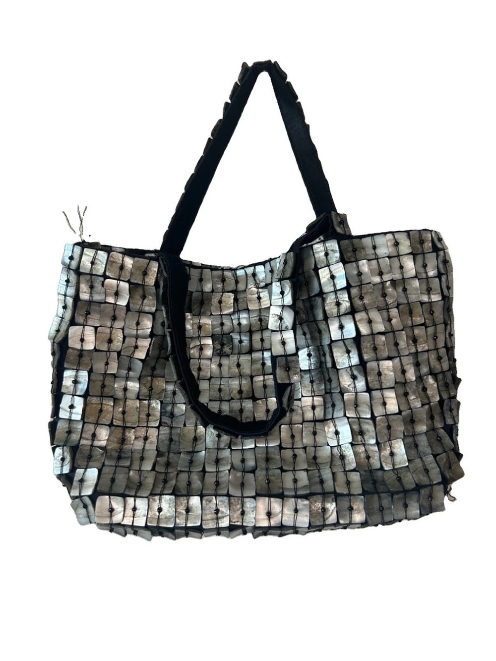 Vintage Y2K Mother of Pearl Shell Tile Handbag Beaded Silver Mini Purse - Picture 10 of 14